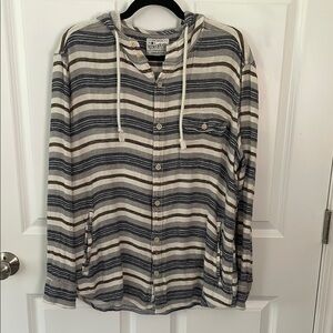 Lucky Brand Linen Blend Striped Shirt Button up Hoodie Mens size L/G